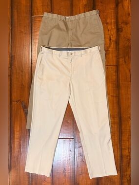 Haggar Men's Chinos in Beige and Khaki - Flat Front Trousers